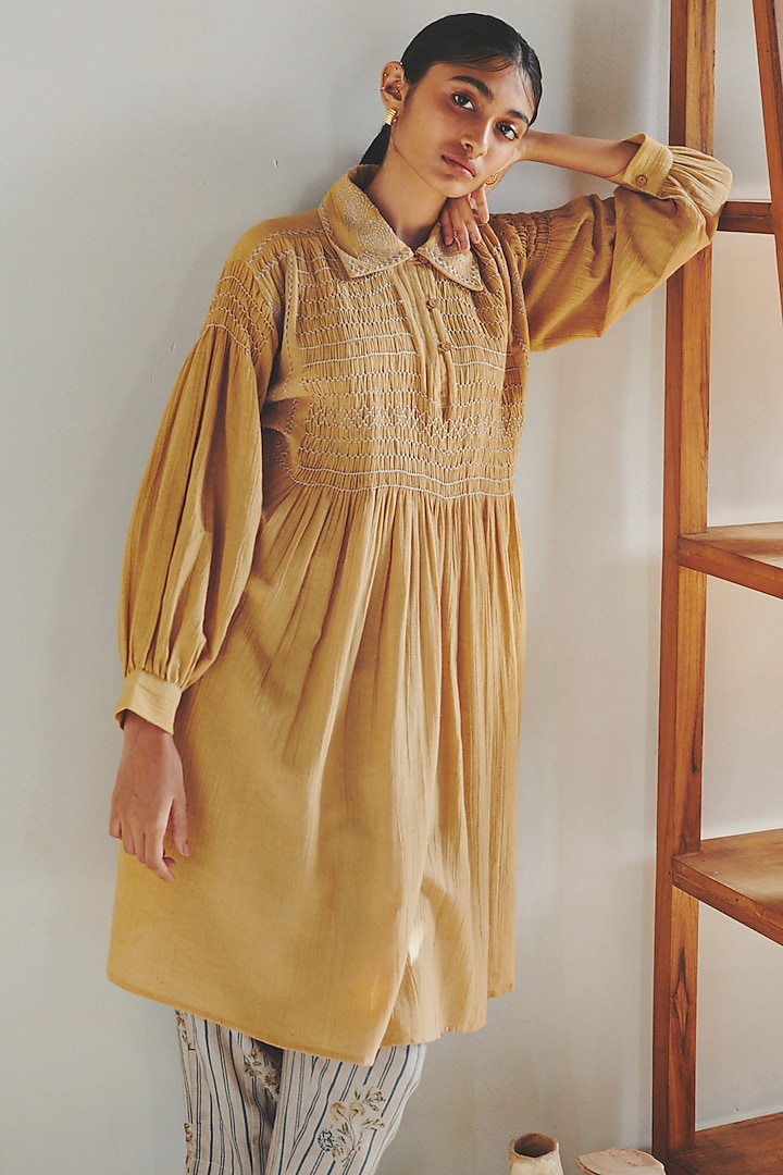 Banana Yellow Hand Embroidered Long Tunic Set by Cord at Pernia's Pop Up Shop