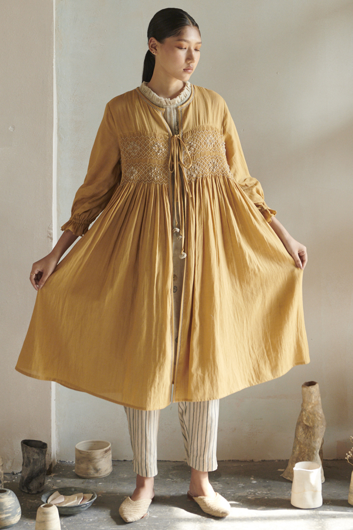 Banana Yellow Hand Embroidered Flowy Jacket Set by Cord at Pernia's Pop Up Shop
