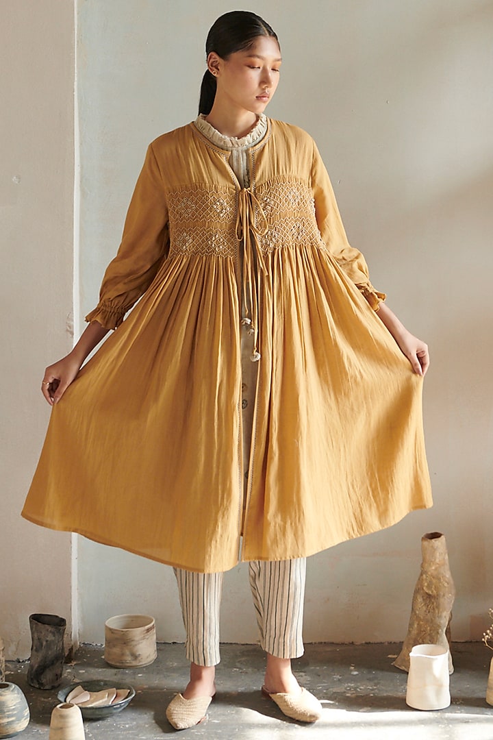 Banana Yellow Hand Embroidered Flowy Jacket Set by Cord at Pernia's Pop Up Shop