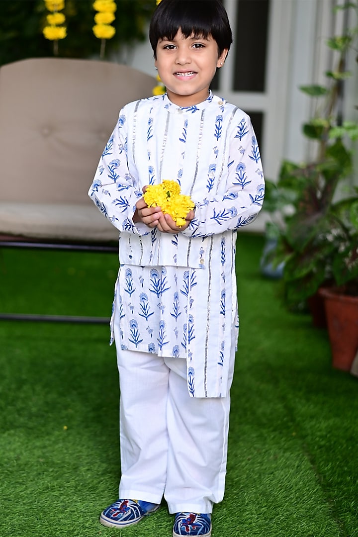 White Cotton Hand Block Printed Kurta Set For Boys by Cord Of Love