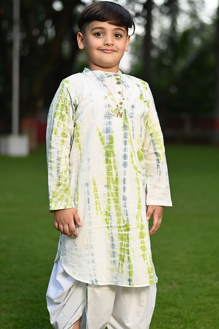Green Cotton Tie-Dyed Kurta Set For Boys by Cord Of Love