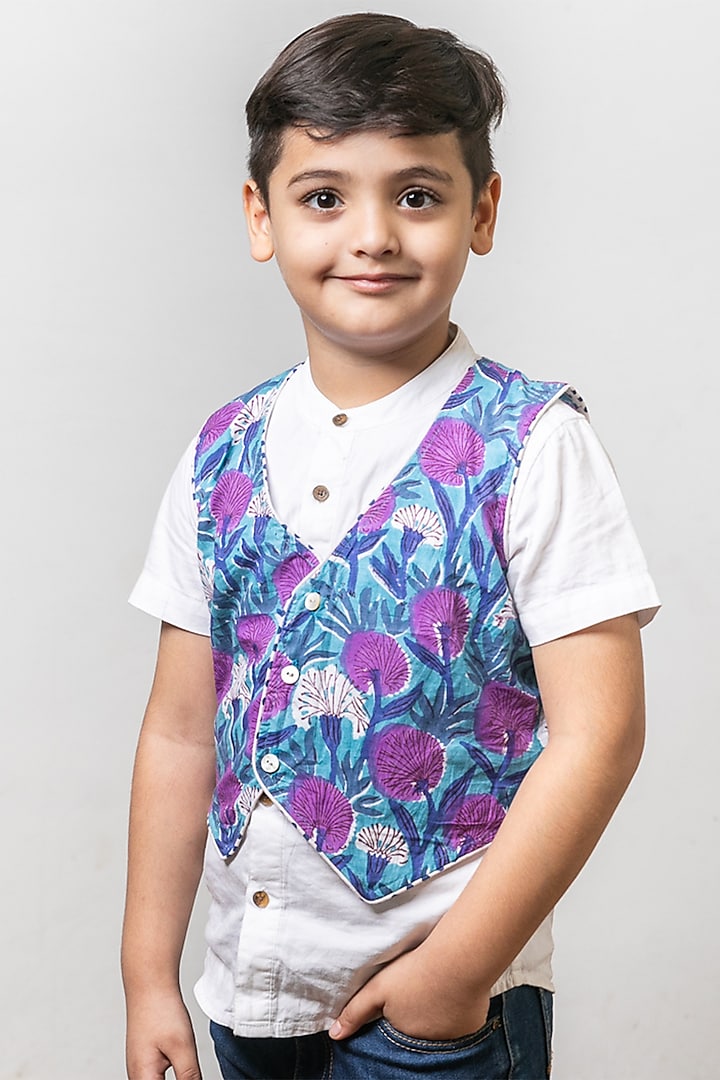 Blue Cotton Floral Printed Jacket Set For Boys by Cord Of Love