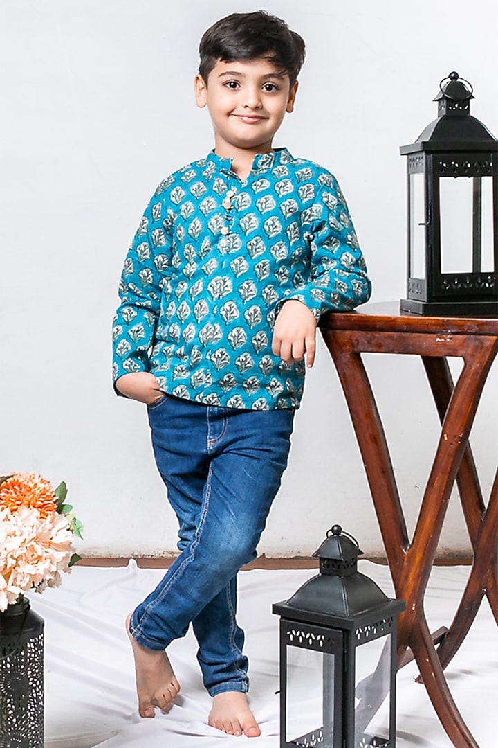 Blue Cotton Printed Kurta Shirt For Boys by Cord Of Love
