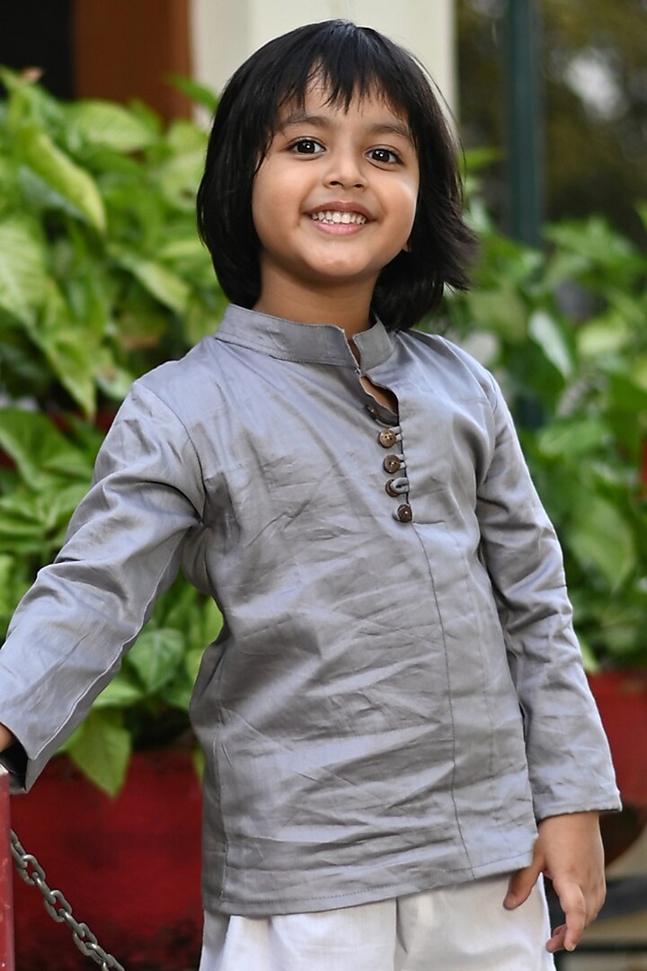 Grey Cotton Kurta Shirt For Boys by Cord Of Love