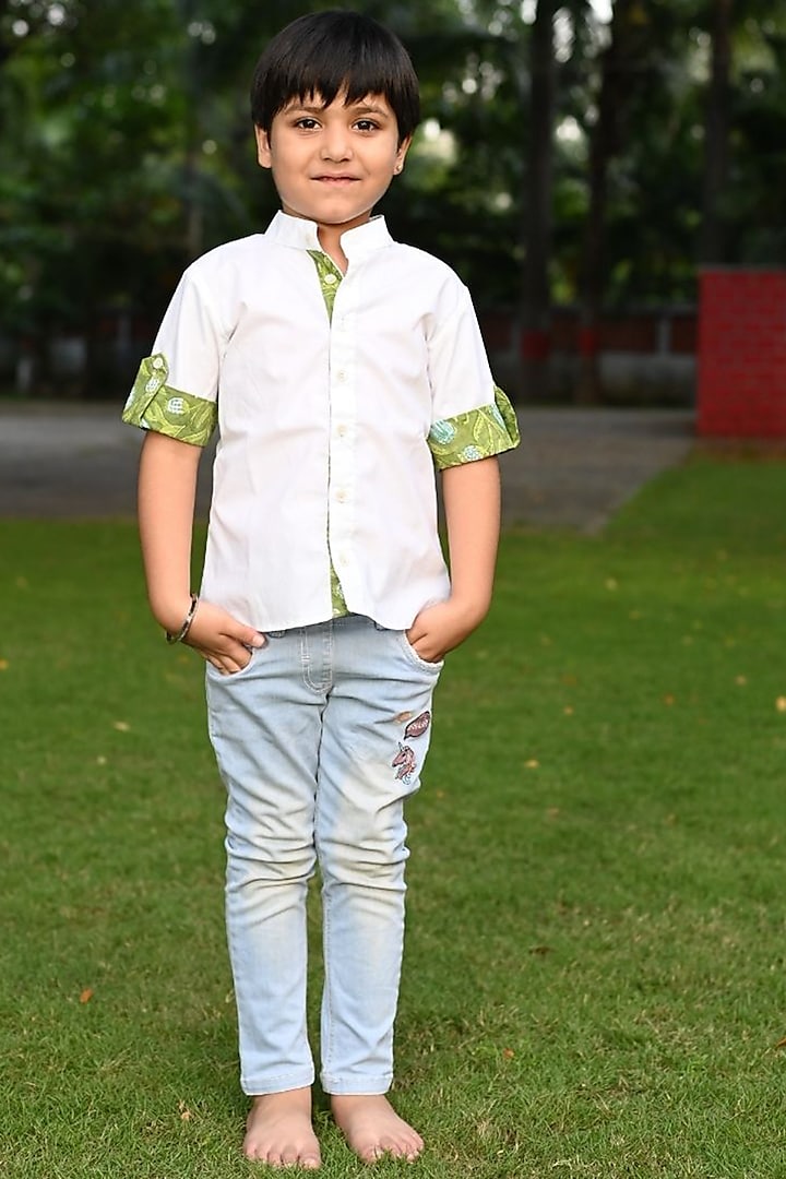 White Cotton Hand Block Printed Shirt For Boys by Cord Of Love