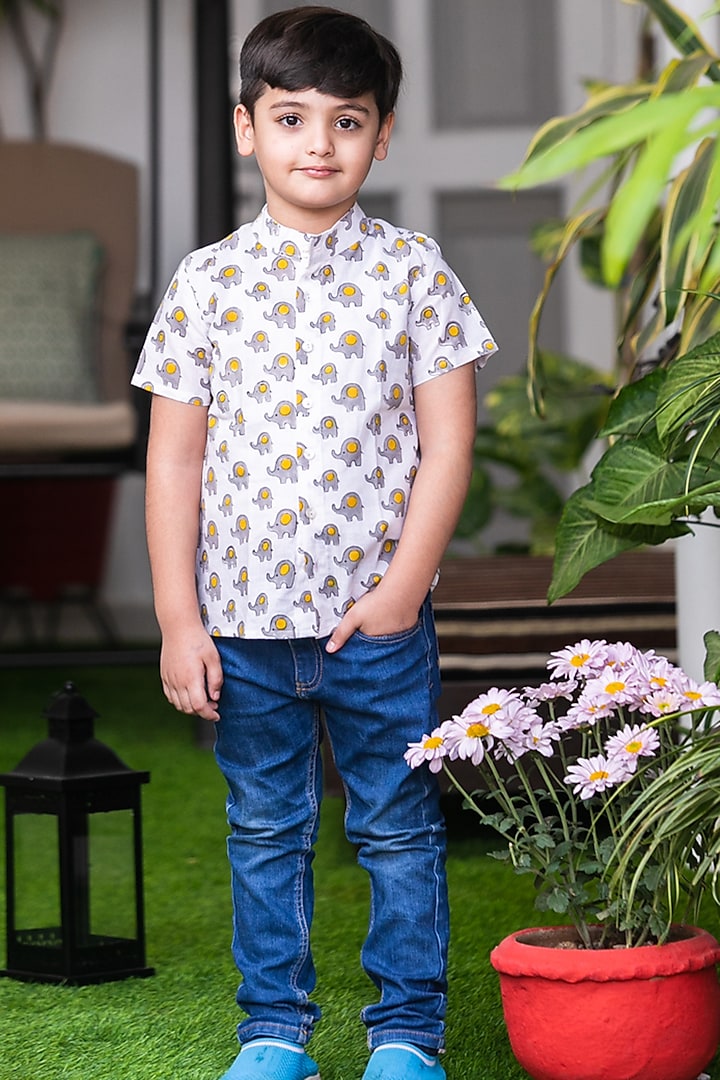 Grey & Yellow Animal Printed Shirt For Boys by Cord Of Love
