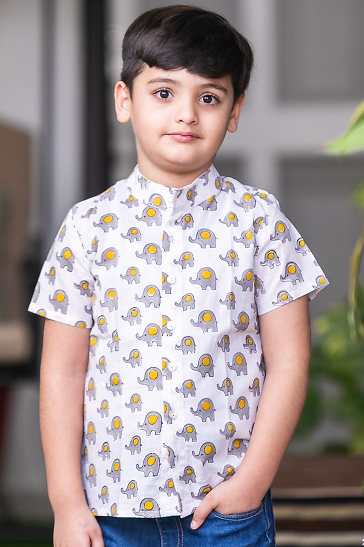 Grey & Yellow Animal Printed Shirt For Boys by Cord Of Love at Pernia's Pop Up Shop