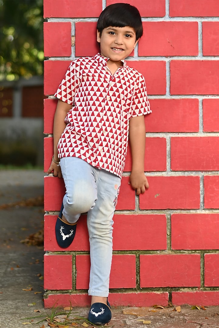 Red Cotton Hand Block Printed Shirt For Boys by Cord Of Love