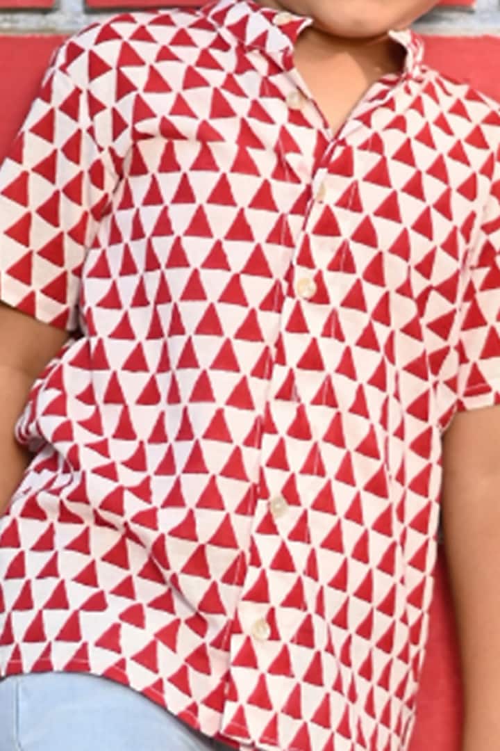 Red Cotton Hand Block Printed Shirt For Boys by Cord Of Love at Pernia's Pop Up Shop