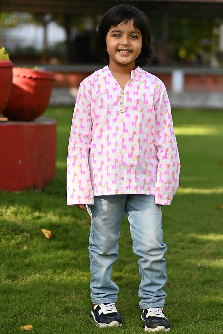Pink Cotton Printed Kurta Shirt For Boys by Cord Of Love
