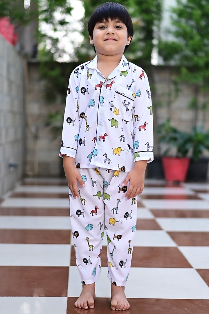 White Cotton Animal Printed Night Wear For Boys by Cord Of Love