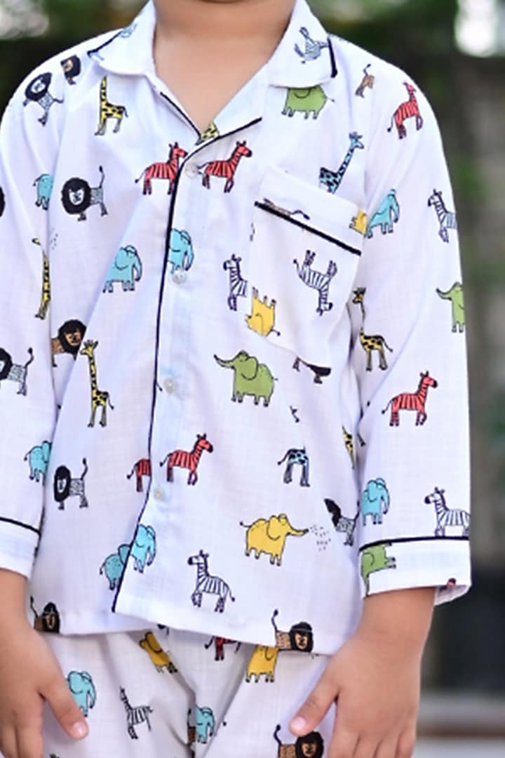 White Cotton Animal Printed Night Wear For Boys by Cord Of Love at Pernia's Pop Up Shop