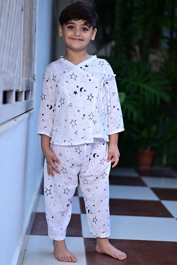 White Cotton Printed Night Wear For Boys by Cord Of Love