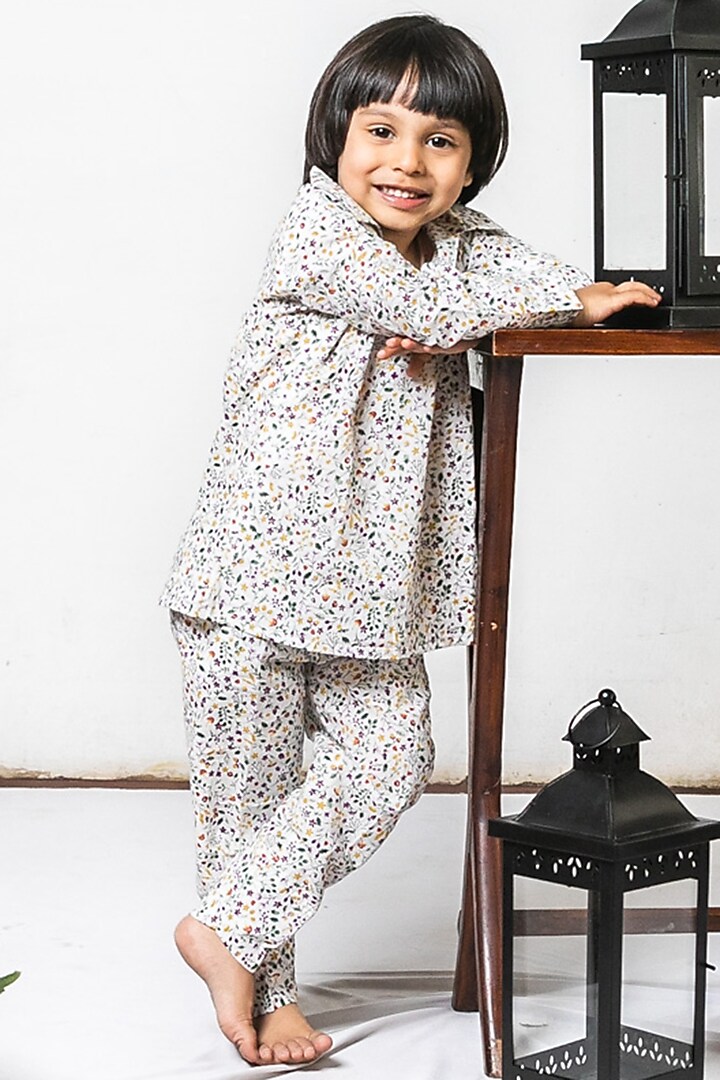 White Cotton Floral Printed Night Wear For Boys by Cord Of Love