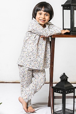 White Cotton Floral Printed Night Wear For Boys by Cord Of Love