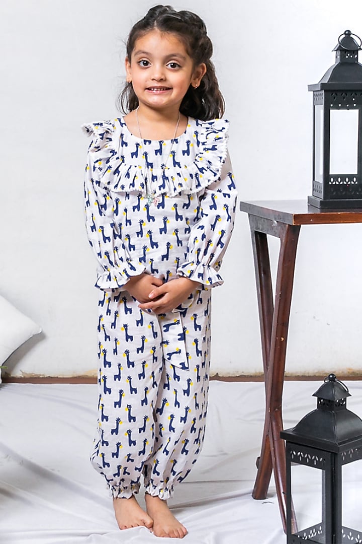 Blue Hand Block Printed Culotte Pant Set For Girls by Cord Of Love