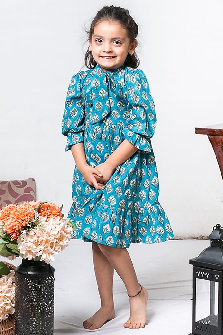 Blue Cotton Floral Printed Dress For Girls by Cord Of Love