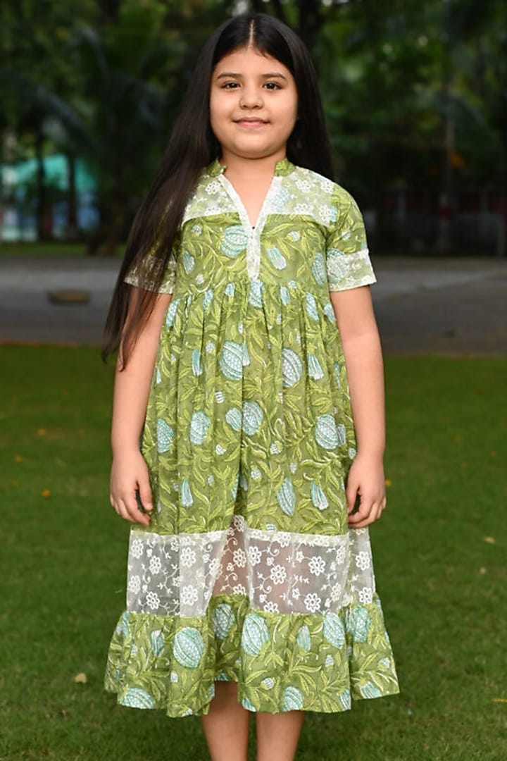 Green Gathered Printed Dress For Girls by Cord Of Love at Pernia's Pop Up Shop