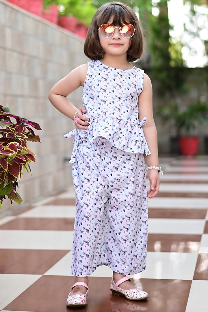 White Cotton Printed Pant Set For Girls by Cord Of Love