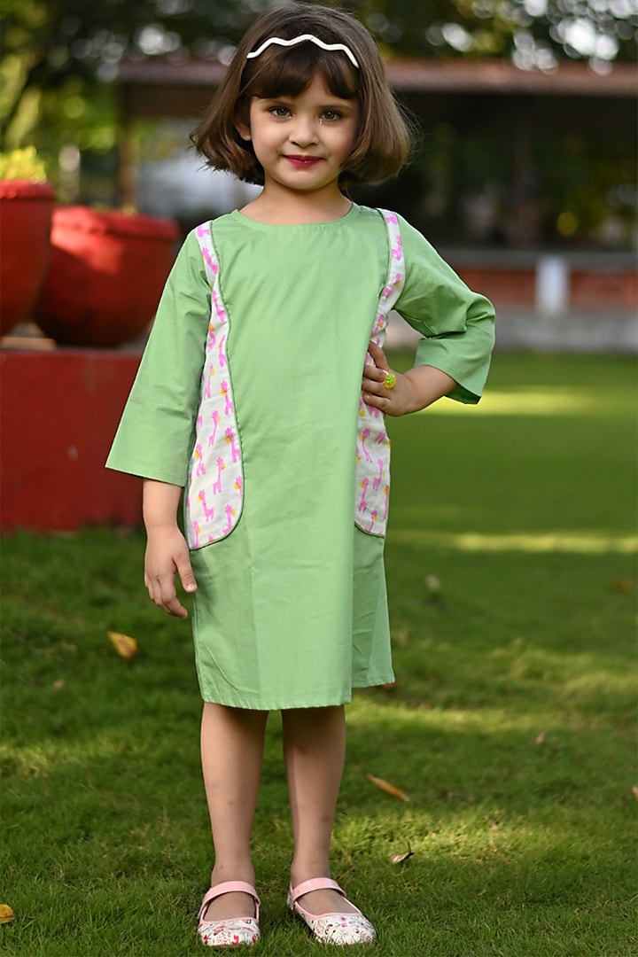 Green Cotton Animal Printed Dress For Girls by Cord Of Love