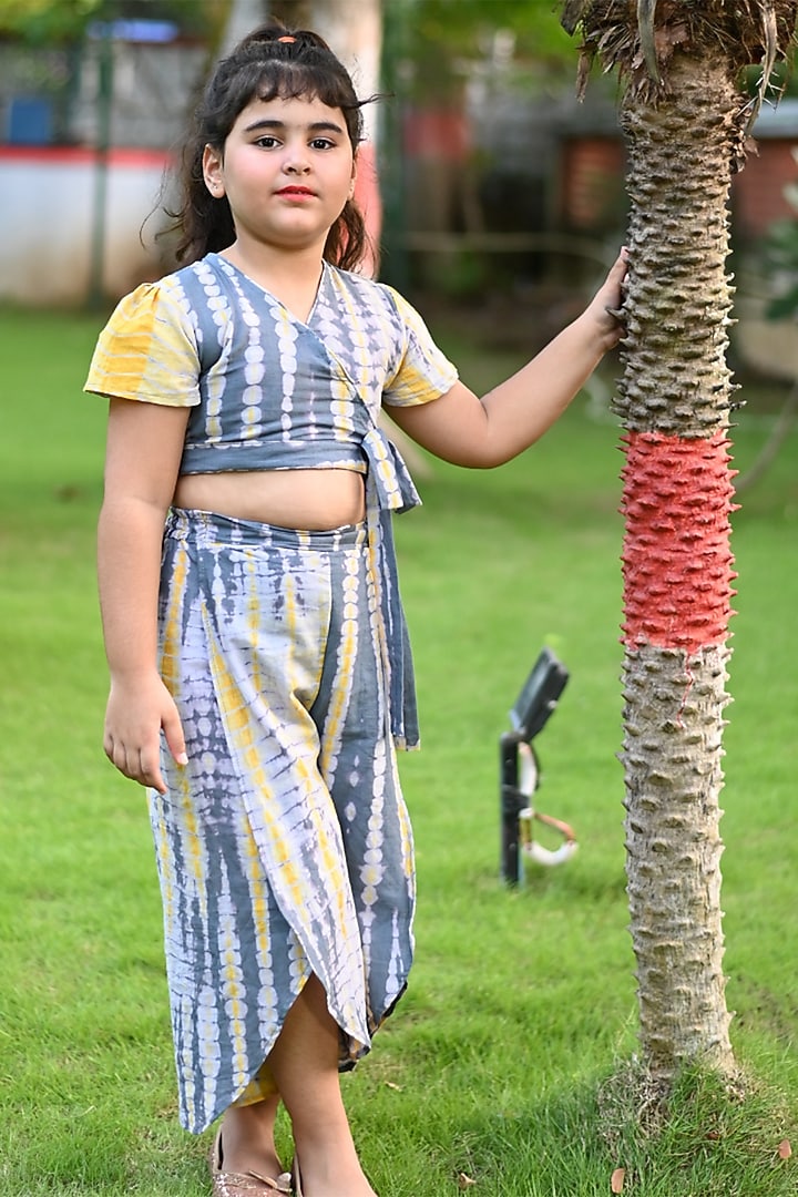Grey & Yellow Cotton Pant Set For Girls by Cord Of Love at Pernia's Pop Up Shop