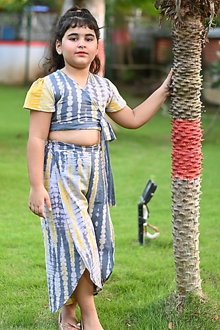 Grey & Yellow Cotton Pant Set For Girls by Cord Of Love