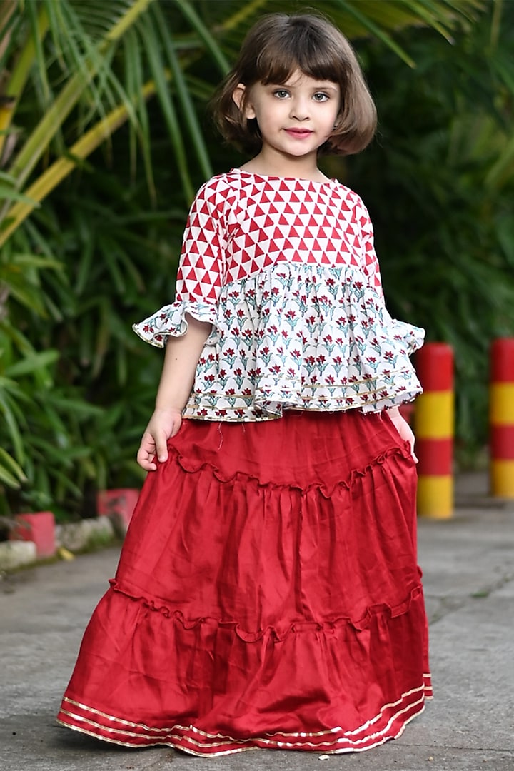 Red Tiered Embellished Lehenga Set For Girls by Cord Of Love