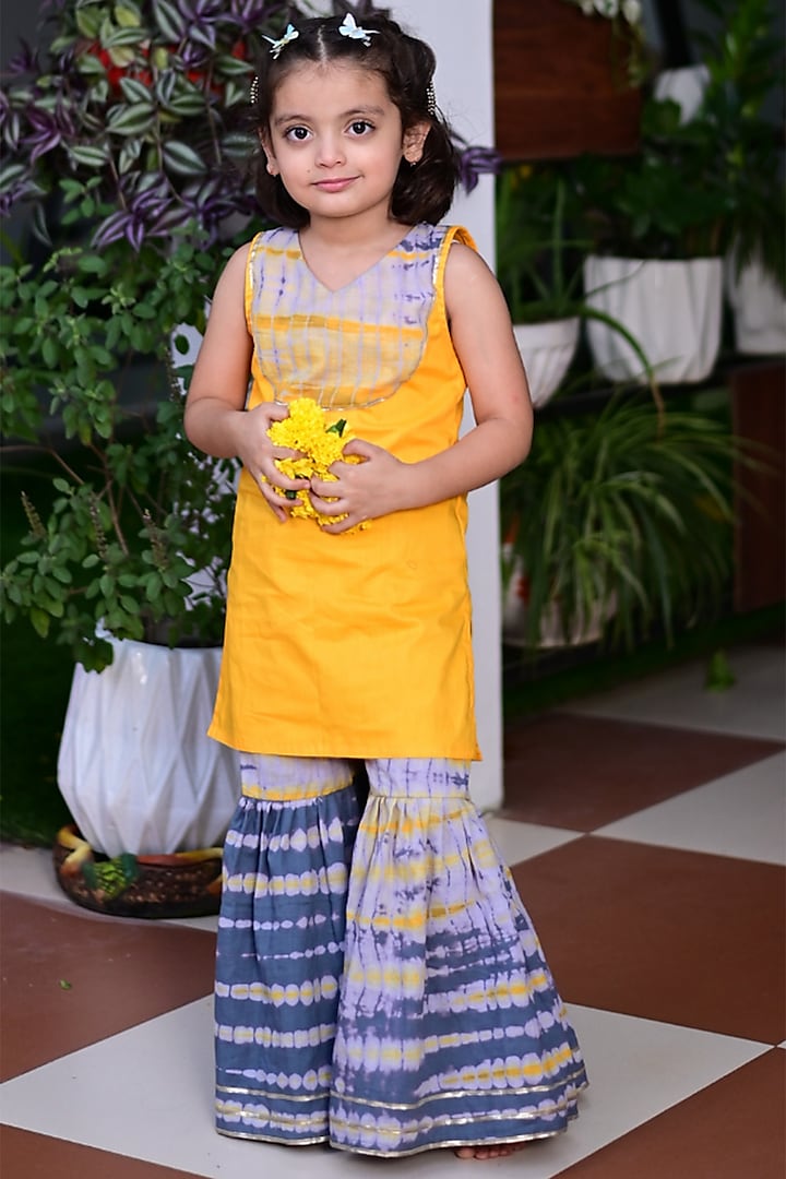 Yellow & Grey Embroidered Sharara Set For Girls by Cord Of Love
