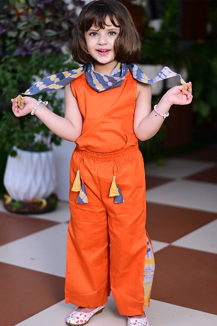 Orange Cotton Pant Set For Girls by Cord Of Love at Pernia's Pop Up Shop