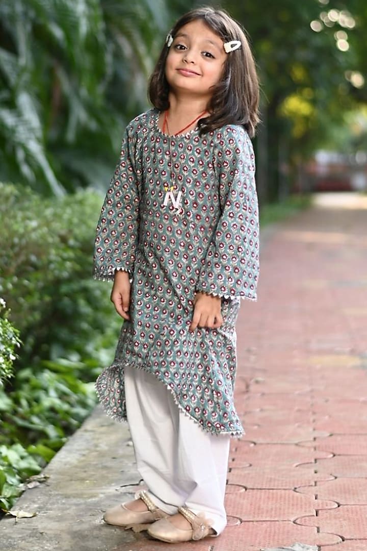 Grey Cotton Kurta Set For Girls by Cord Of Love