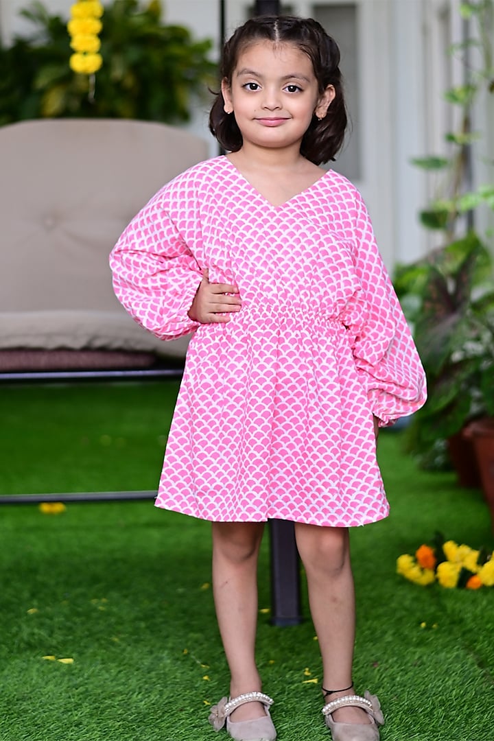 Pink Cotton Printed Dress For Girls by Cord Of Love