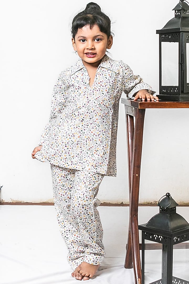 White Floral Printed Nightwear For Girls by Cord Of Love at Pernia's Pop Up Shop