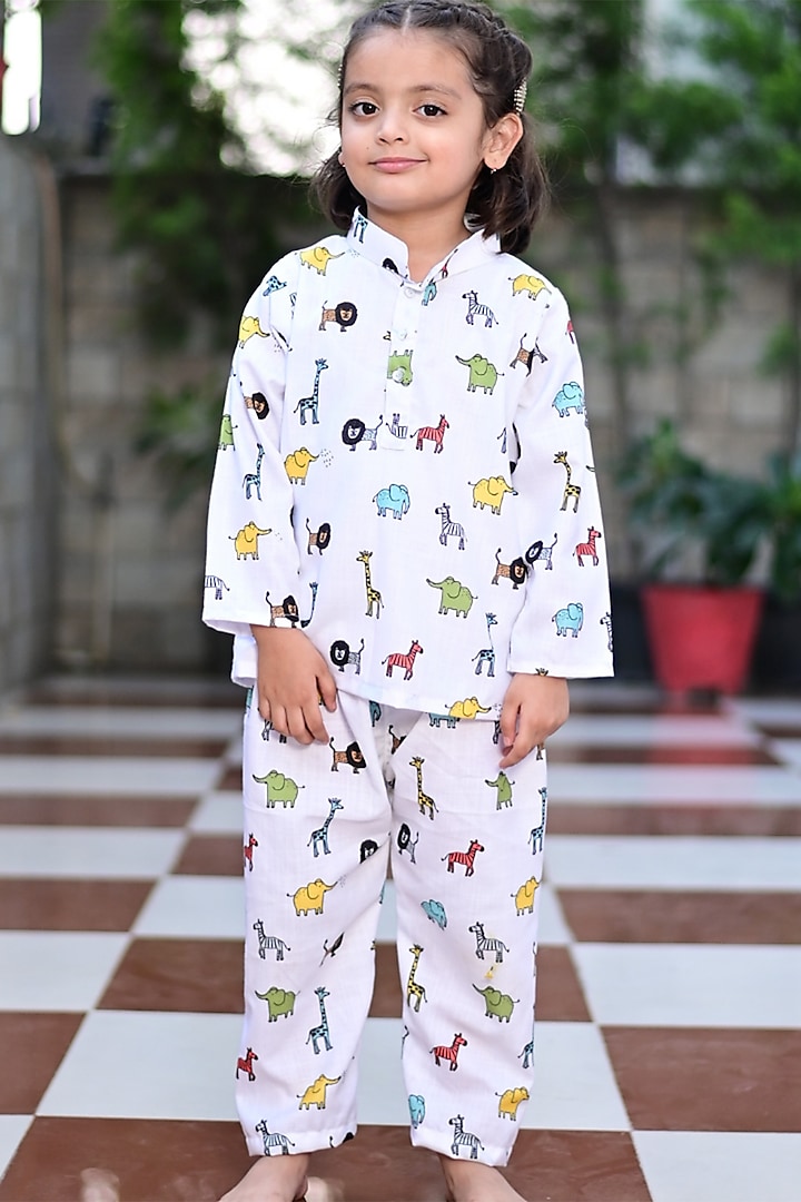 White Animal Printed Nightwear For Girls by Cord Of Love