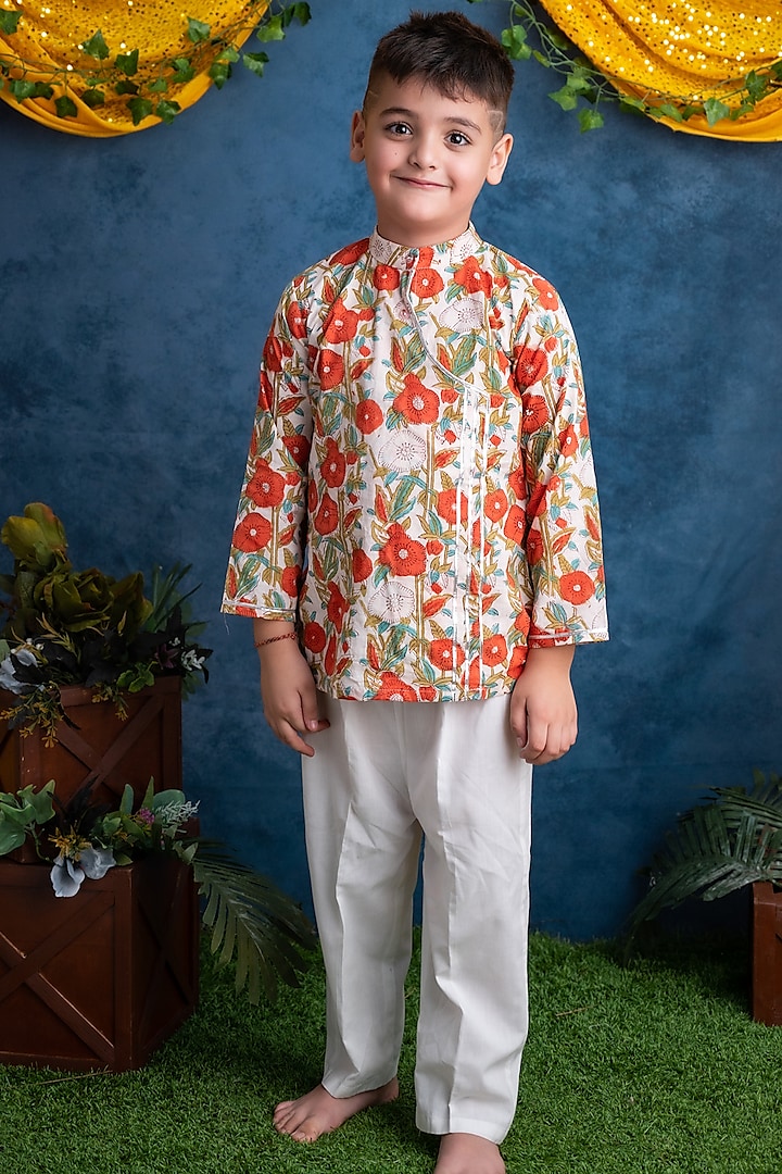 White & Orange Printed Kurta Set For Boys by Cord Of Love at Pernia's Pop Up Shop