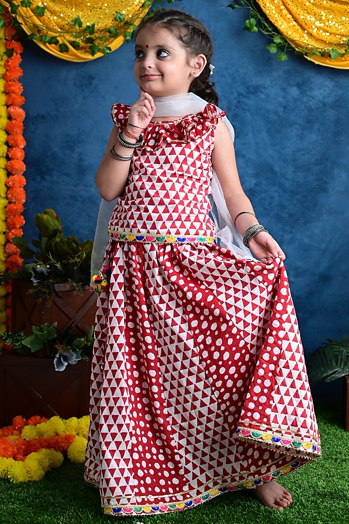 Red Printed Lehenga Set For Girls by Cord Of Love