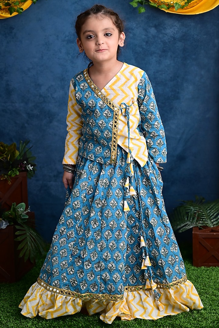 Blue & Yellow Printed Lehenga Set For Girls by Cord Of Love