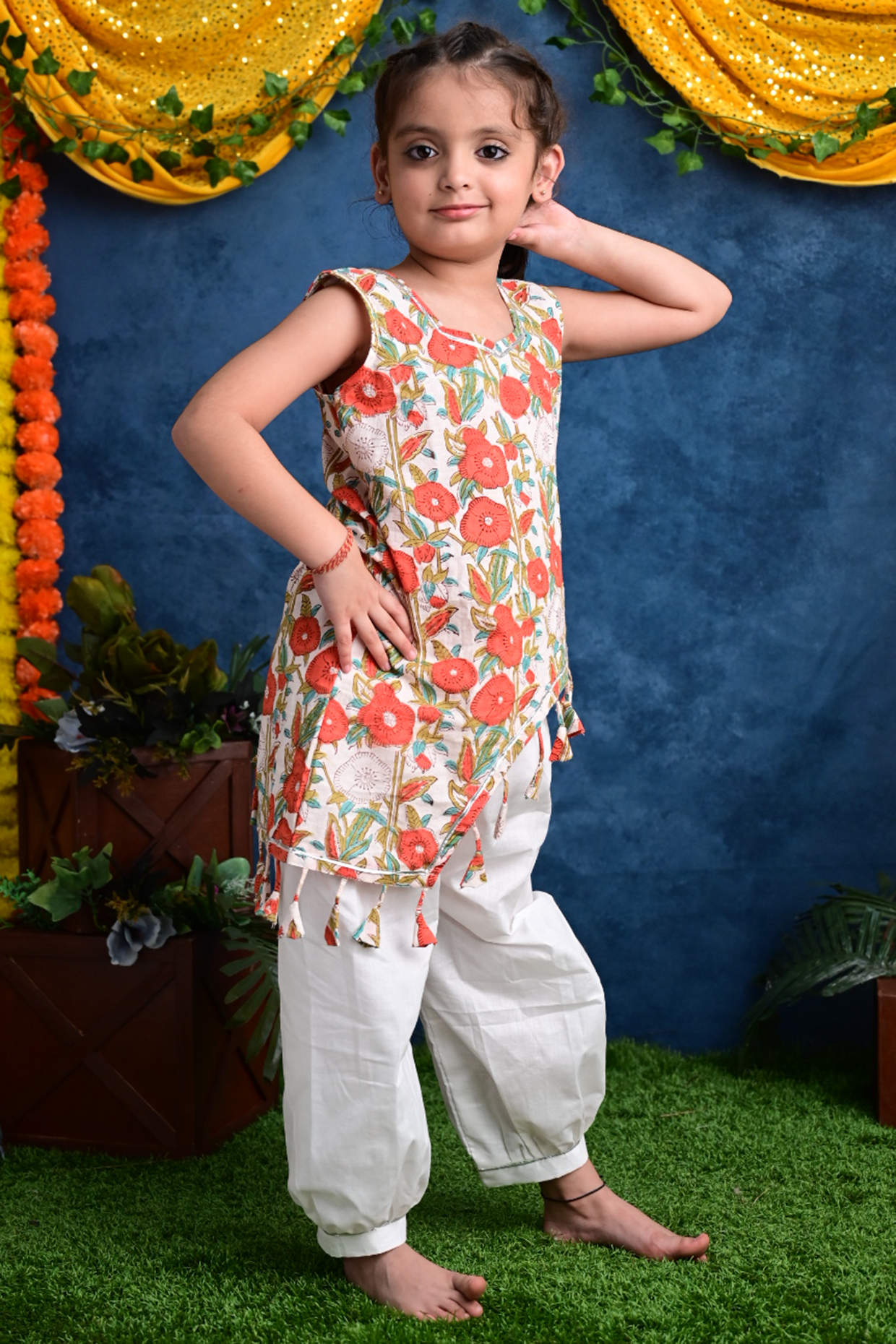 White & Orange Block Printed Kurta Set For Girls by Cord Of Love