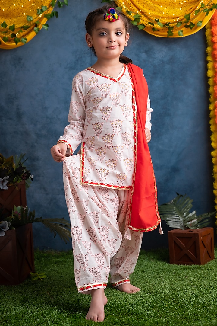 White & Red Embroidered Kurta Set For Girls by Cord Of Love