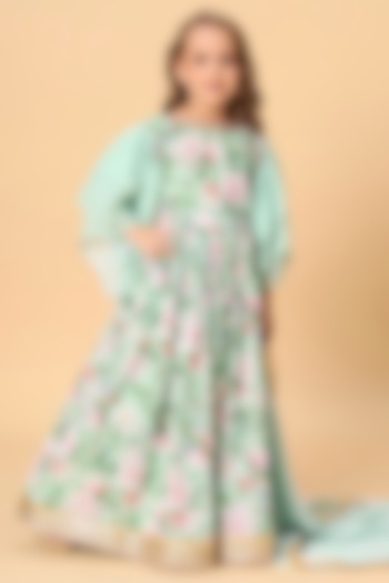 Mint Green Georgette Lace Embellished & Printed Lehenga Set For Girls by Cord Of Love