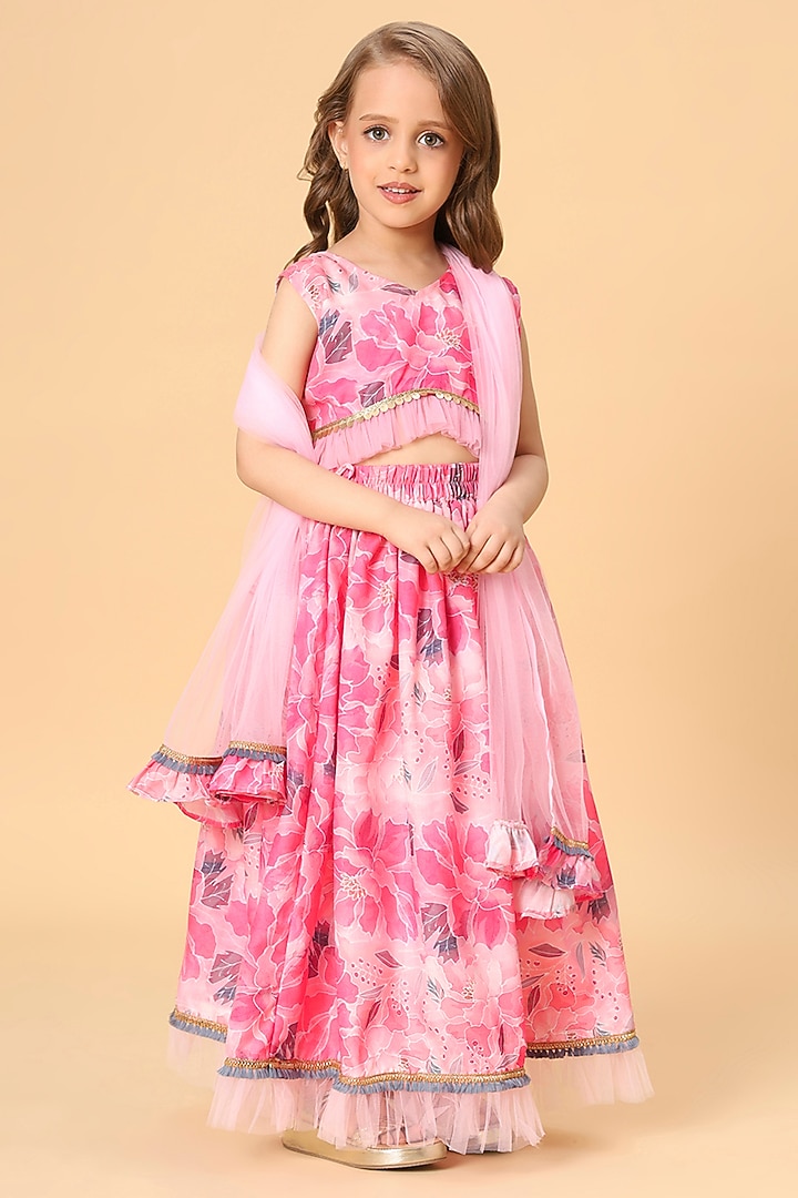 Pink Cotton Slub Printed & Lace Embellished Lehenga Set For Girls by Cord Of Love at Pernia's Pop Up Shop
