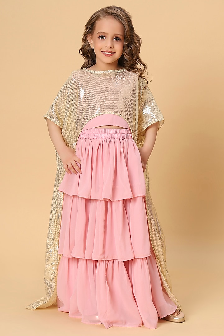Pink Soft Cotton Layered Lehenga Set For Girls by Cord Of Love