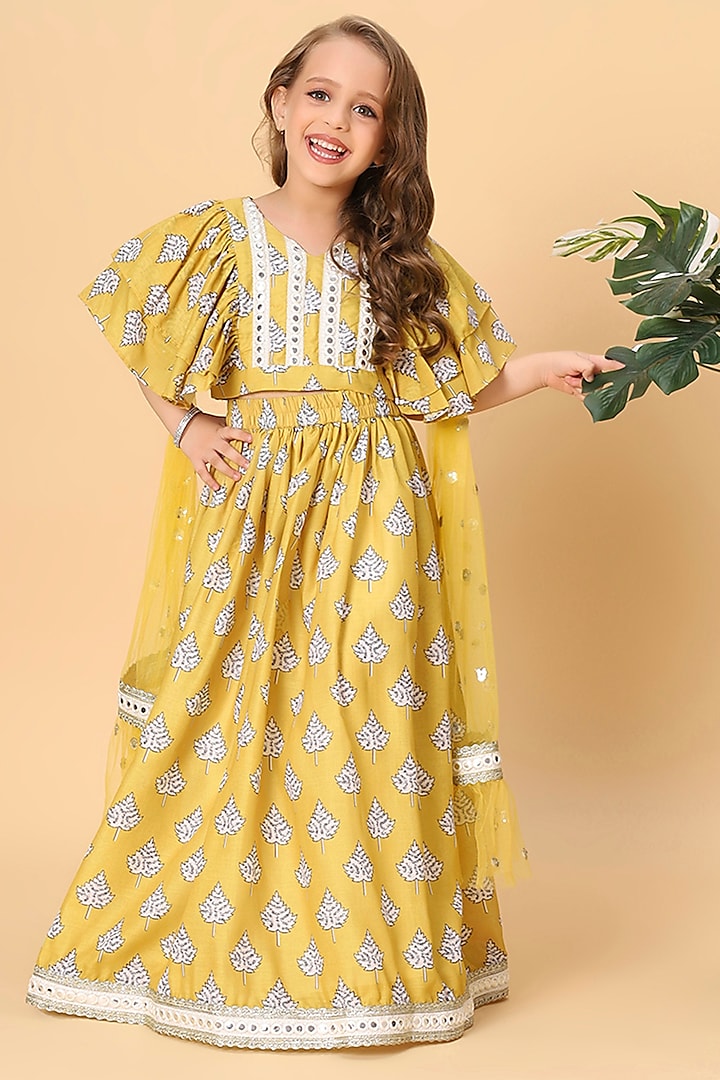 Mustard Yellow Cotton Printed & Mirror Embellished Lehenga Set For Girls by Cord Of Love