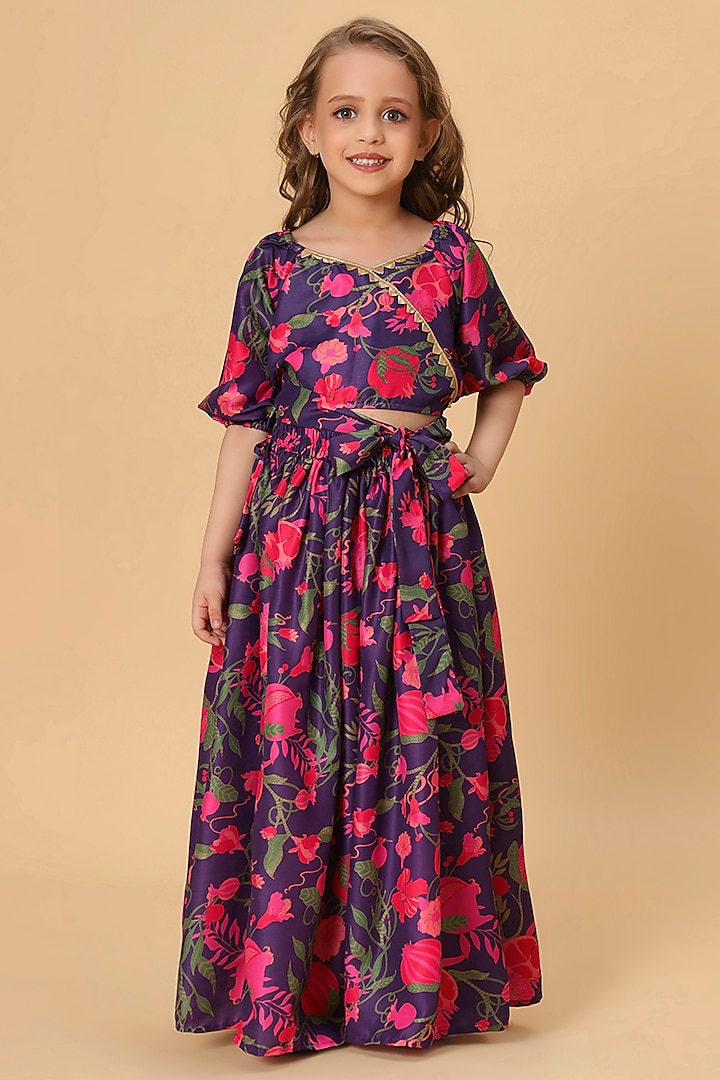 Purple Muslin Printed Lehenga Set For Girls by Cord Of Love at Pernia's Pop Up Shop