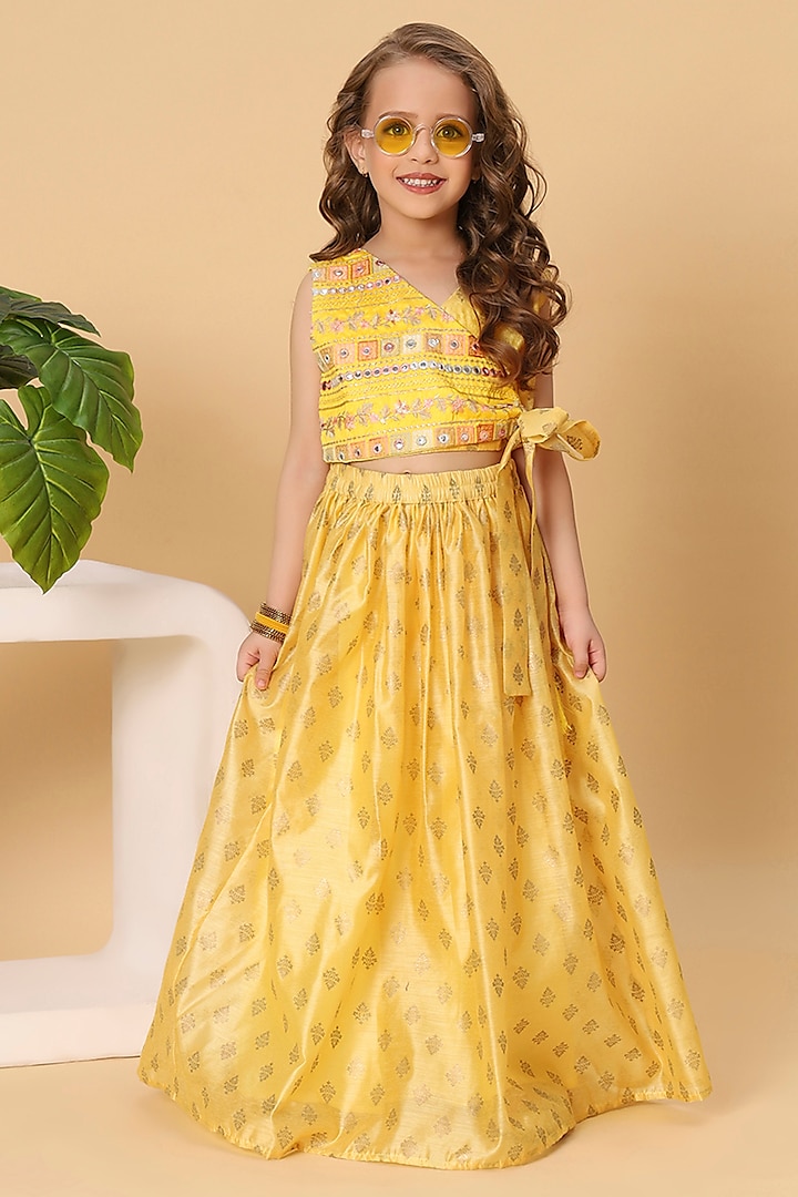 Golden Yellow Soft Chanderi Silk Printed & Embroidered Lehenga Set For Girls by Cord Of Love