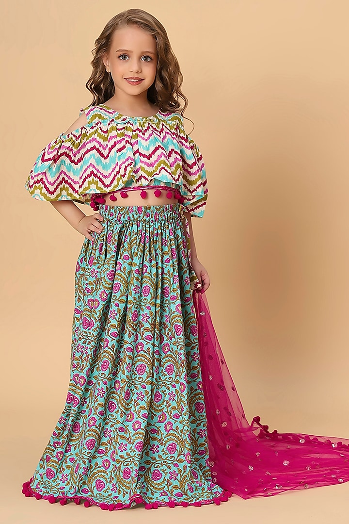 Turquoise & Fuchsia Cotton Lace Embellished Lehenga Set For Girls by Cord Of Love