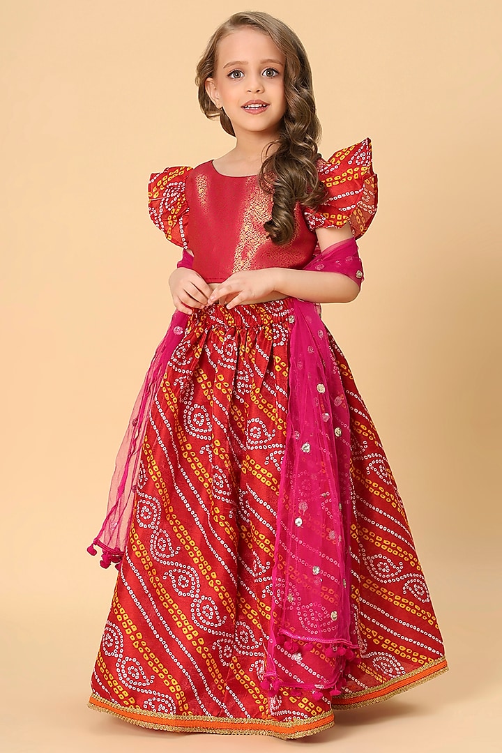 Red Soft Cotton Bandhej Printed & Lace Embellished Lehenga Set For Girls by Cord Of Love