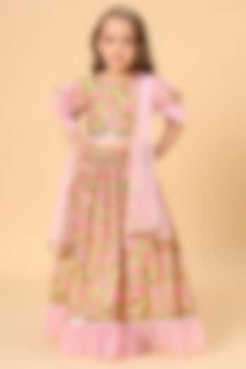 Pink Cotton Slub Printed & Lace Embellished Lehenga Set For Girls by Cord Of Love