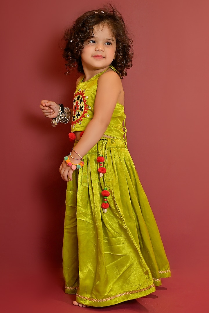 Green Mushroo Silk Lehenga Set For Girls by Cord Of Love at Pernia's Pop Up Shop