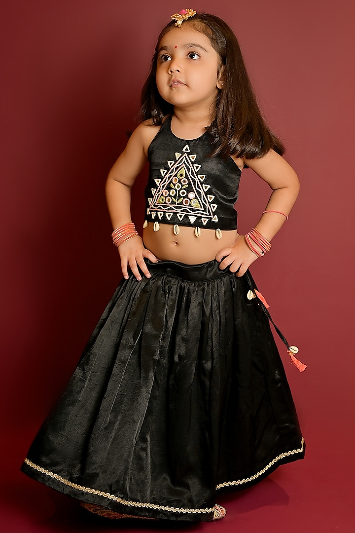 Black Mushroo Silk Lehenga Set For Girls by Cord Of Love at Pernia's Pop Up Shop