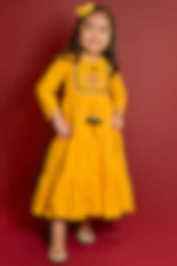 Mustard Yellow Cotton Mirror Hand Embroidered Dress For Girls by Cord Of Love at Pernia's Pop Up Shop